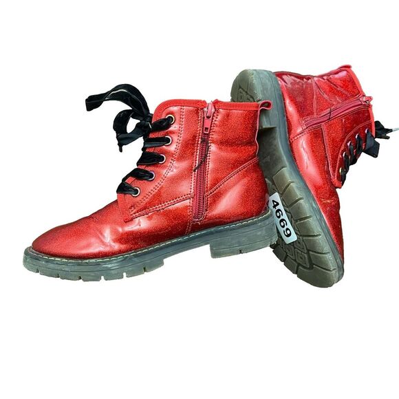 Dream Pairs Unisex Kids Red Ankle Boots 3 Lace Up Block Heels Side Zip Glittery - Picture 1 of 8